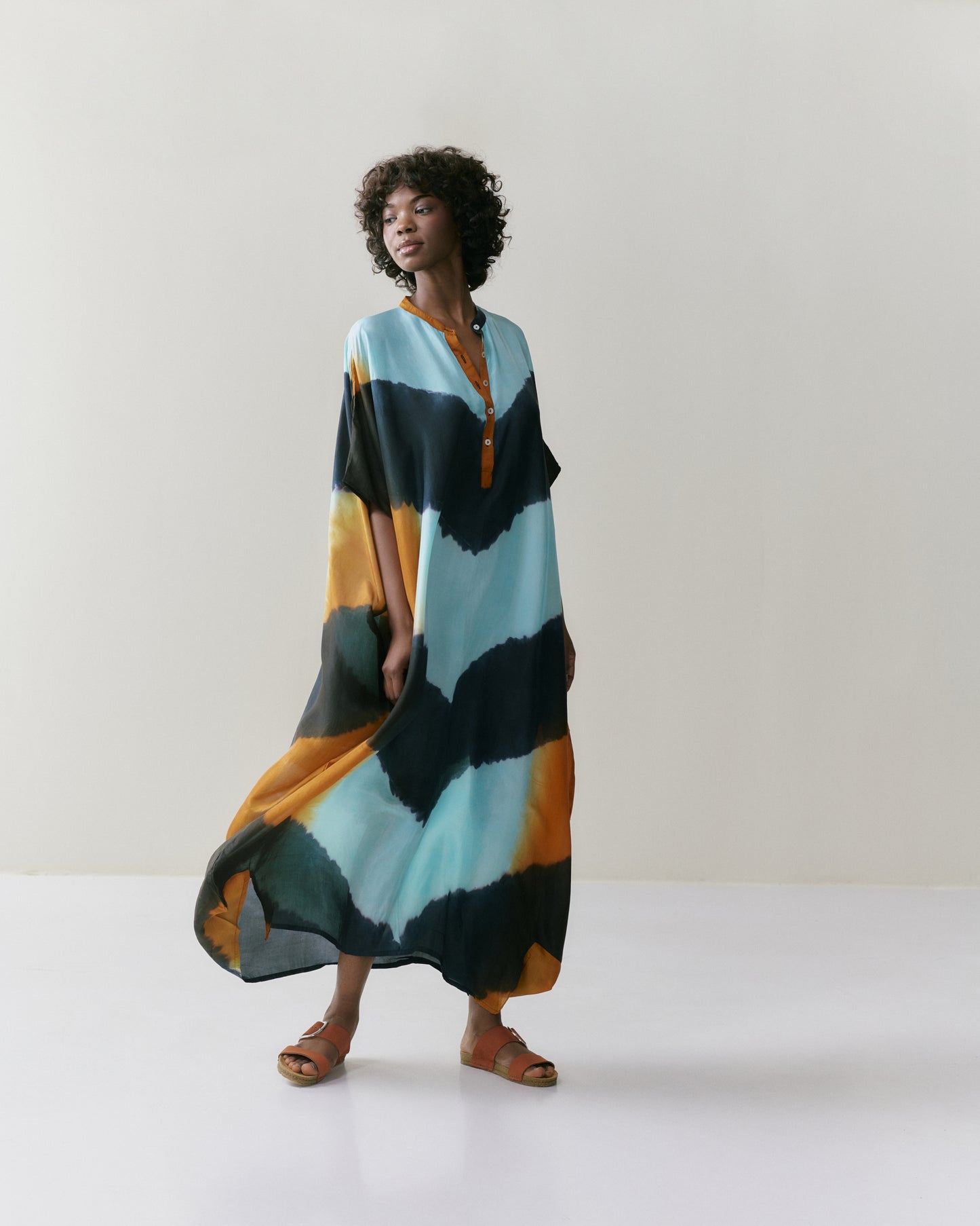 NOUS antwerp LORE silk KAFTAN arrows aqua