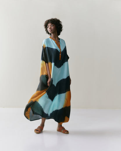 NOUS antwerp LORE silk KAFTAN arrows aqua