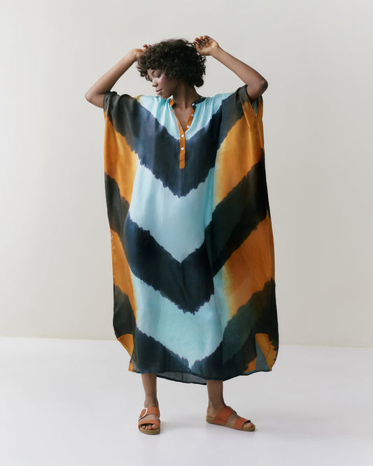 NOUS antwerp LORE silk KAFTAN arrows aqua