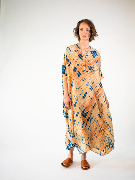 NOUS antwerp LORE silk KAFTAN cross indigo