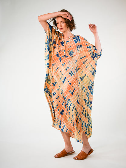 NOUS antwerp LORE silk KAFTAN cross indigo