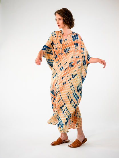 NOUS antwerp LORE silk KAFTAN cross indigo